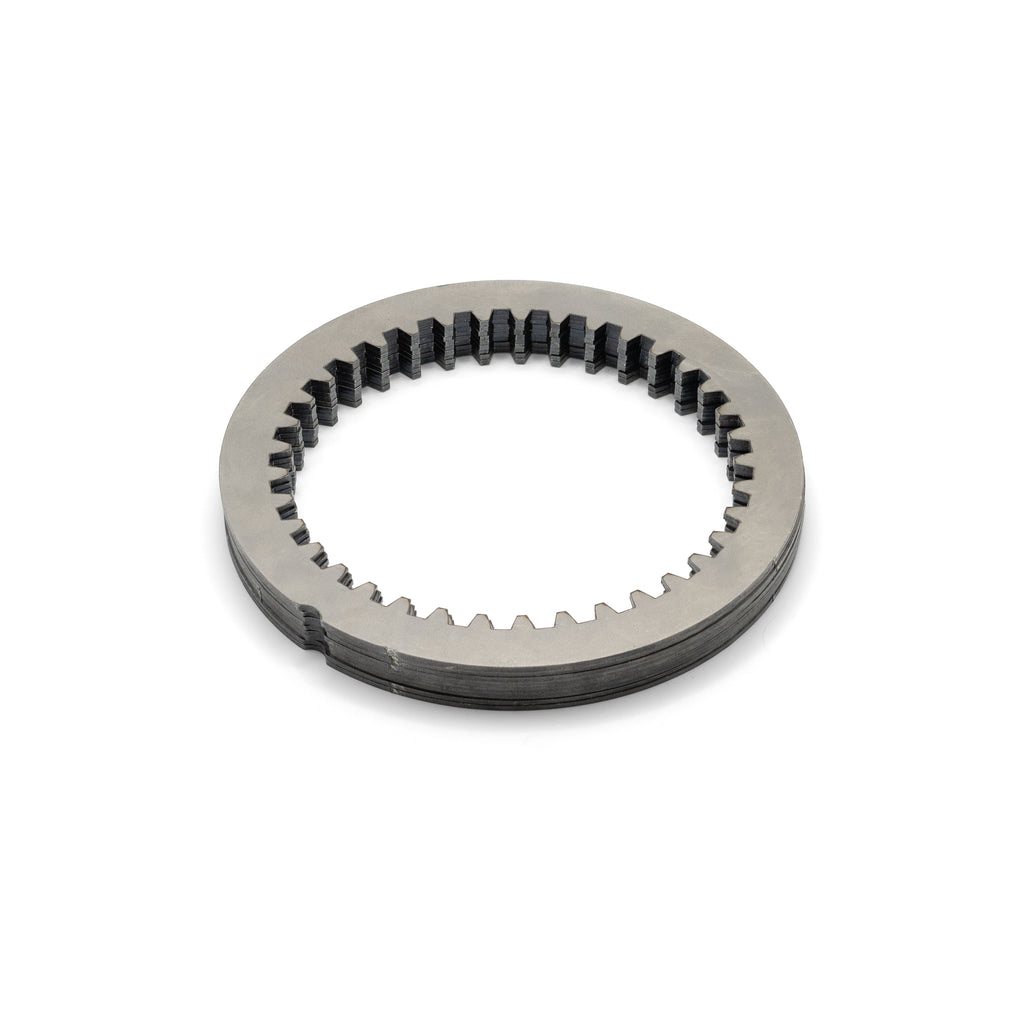 Hardened steel driven plate showing the precise outer teeth geometry for a Ducati 48-tooth dry clutch basket.