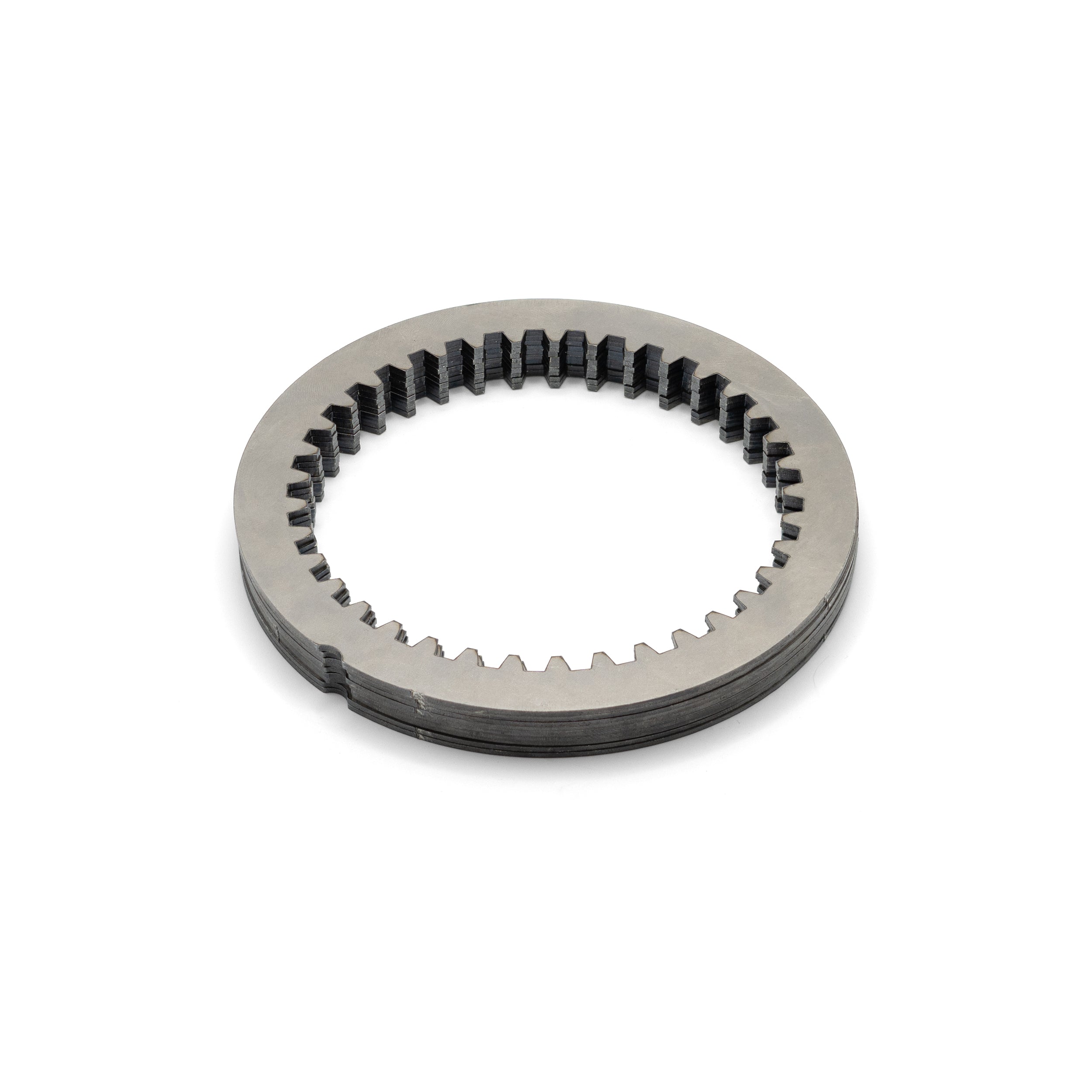 Hardened steel driven plate showing the precise outer teeth geometry for a Ducati 48-tooth dry clutch basket.
